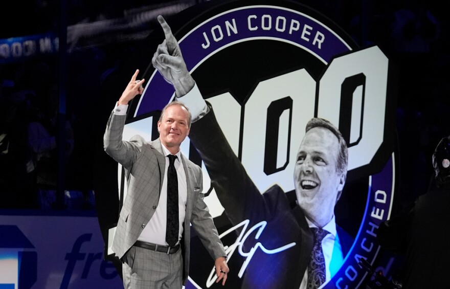 Lightning head coach Jon Cooper is honored before a January game for coaching in his 3,000th NHL game.
