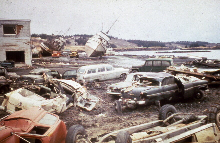 Tsunami damage along the Kodiak waterfront after the 1964 Alaska earthquake.