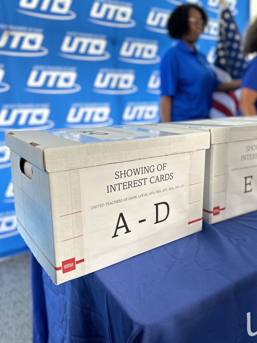 The union representing teachers in the state's largest school district says it's cleared a key hurdle in the process of maintaining its certification. On Jan. 16, 2024, United Teachers of Dade announced that more than 30% of its members have signed "showing of interest cards", affirming that they want to keep their union.