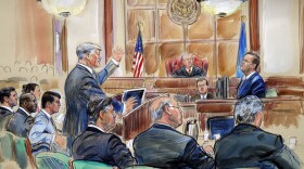 This courtroom sketch depicts defense lawyer Kevin Downing asking questions of Rick Gates, as former Donald Trump campaign chairman Paul Manafort, bottom front left, listens during Manafort's trial on bank fraud and tax evasion at federal court in Alexandria, Va., Tuesday, Aug. 7, 2018. U.S. District court Judge T.S. Ellis III presides. (Dana Verkouteren via AP)