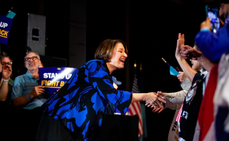 Sen. Amy Klobuchar greets supporters before speaking at the launch rally for Gov. Tim WalzÕs third gubernatorial campaign at The Depot in Minneapolis on Sept. 19, 2025.