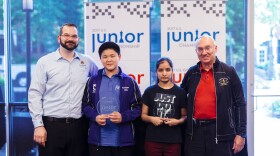 The winners of the 2017 U.S. Junior Championship, Awonder Liang and Akshita Gorti, with our executive director Tony Rich (left) and founder Rex Sinquefield (right).