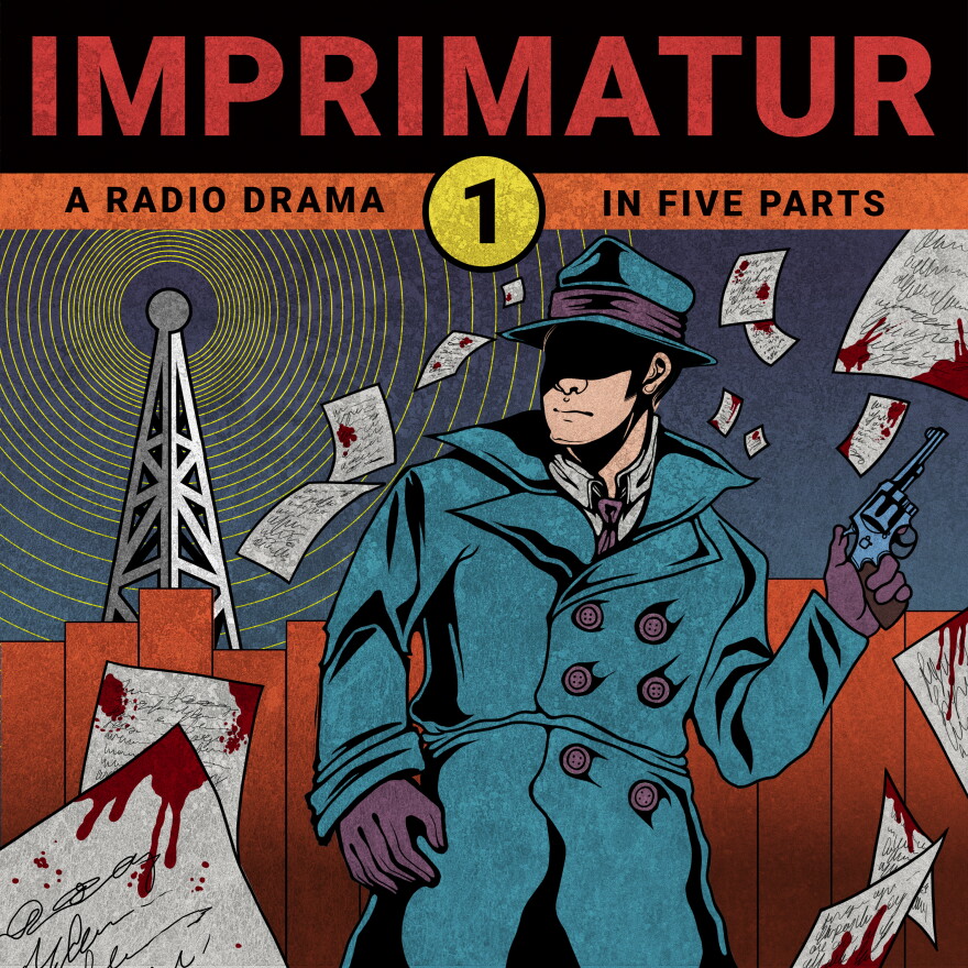 A man in a trench coat and fedora holds a gun in front of a fence and radio tower.