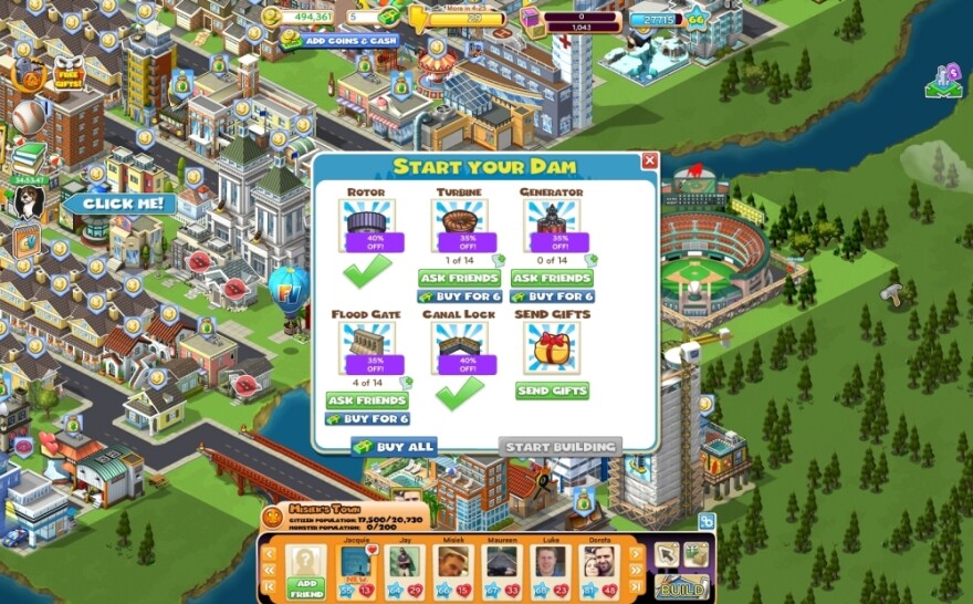 A screenshot of Piskorskiville. Five percent of Zynga's 200 million monthly users buy "virtual goods" to get ahead in the game or beautify their city.