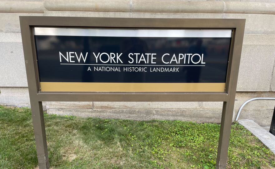 A sign outside the New York State Capitol.