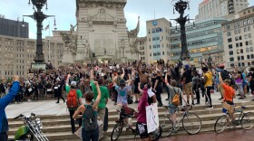 A group of protestors on Monument Circle.