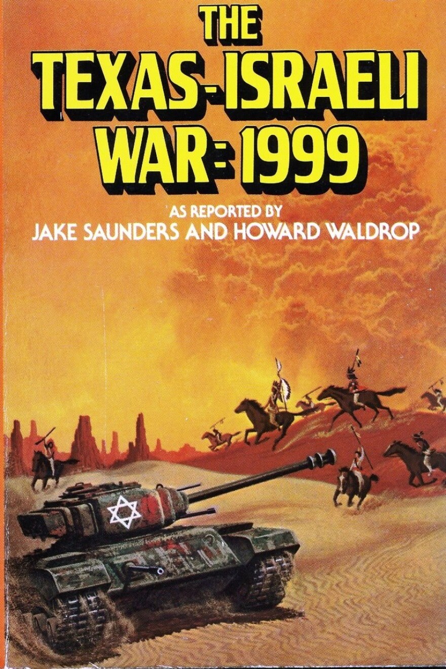 A book cover that depicts a tank emblazoned with the Star of David shooting at a cavalry. The sky in the background is orange. The title states, "The Texas-Israeli War: 1999".
