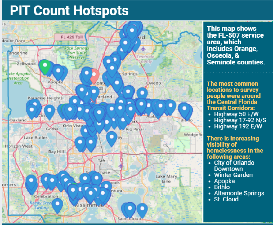 A map visualizing 2025 PIT data shows survey locations and spots where homelessness is becoming more visible in Central Florida.