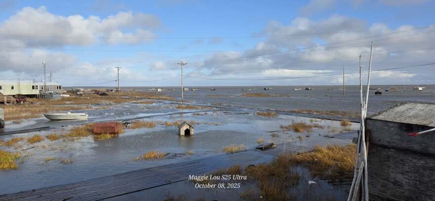 Floodwaters brought on by a powerful fall storm are seen in the Yukon Delta coastal community of Nunam Iqua on Oct. 8, 2025.