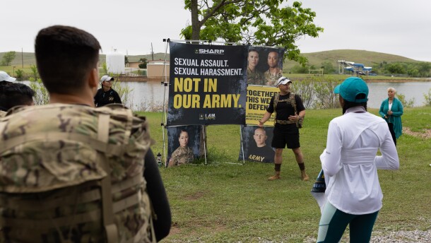 Lt. Col. Gregory Fassett, the 100th Brigade Support Battalion Commander, speaks at an April 2025 sexual harassment and assault prevention event on Fort Sill, Oklahoma. Soldiers rucked 4.26 miles, or roughly 8,515 steps, representing the 8,515 sexual assault cases reported within the Department of Defense throughout fiscal year 2023.