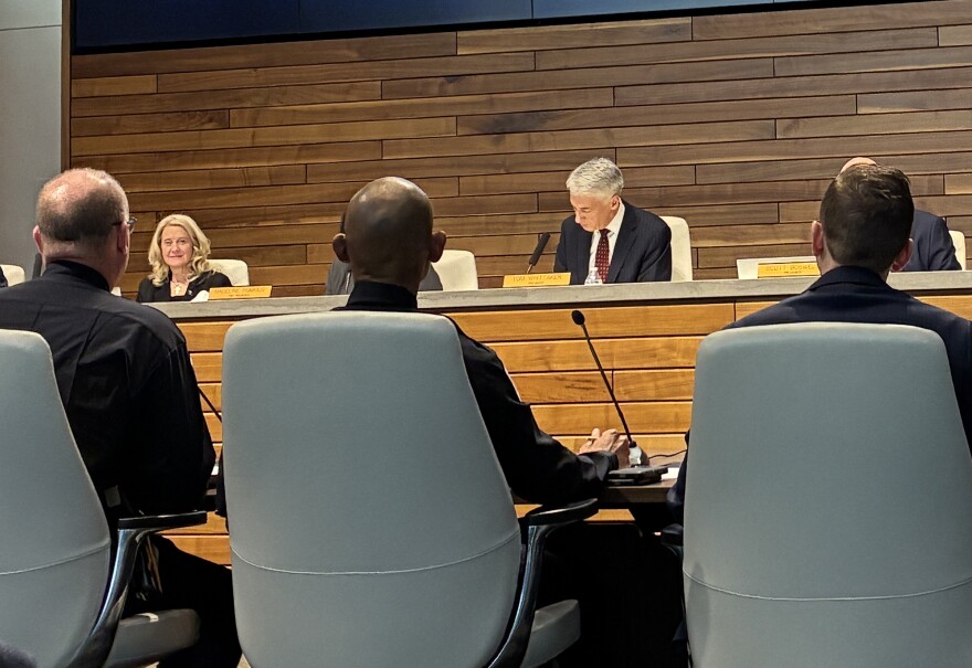Several people can be seen sitting with their backs to the camera in the foreground. In background, people can be seen sitting in a commission meeting. At far left, Heather Hall is seated, facing the camera.