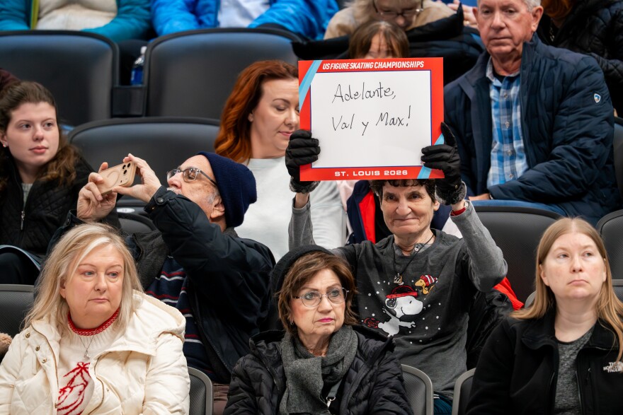 Fands cheer on Valentina Plazas and Maximiliano Fernandez, both of of FSC of New York, as they compete in the pairs short program during the 2026 U.S. Figure Skating Championships at the Enterprise Center on Wednesday, Jan. 7, 2026, in St. Louis’ Downtown West neighborhood.