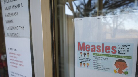 A sign is seen outside a clinic with the South Plains Public Health District Sunday, Feb. 23, 2025, in Brownfield, Texas.