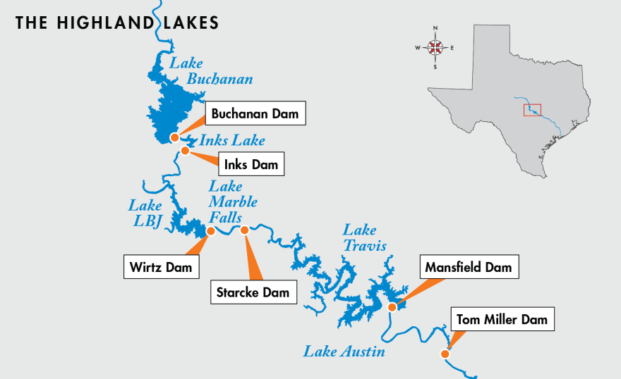 A map of the Highland Lakes along the Lower Colorado River