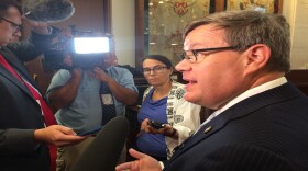House Speaker Tim Moore (R-Cleveland) talks with reporters after Tuesday's session adjourned with no vote on a budget veto override.