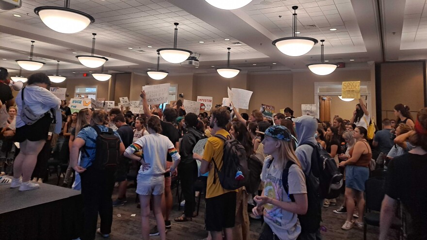   Hundreds of students protested Monday, Oct. 10, 2022, when U.S. Sen. Ben Sasse spoke at the University of Florida. Sasse is the only finalist to become the school's next president. 