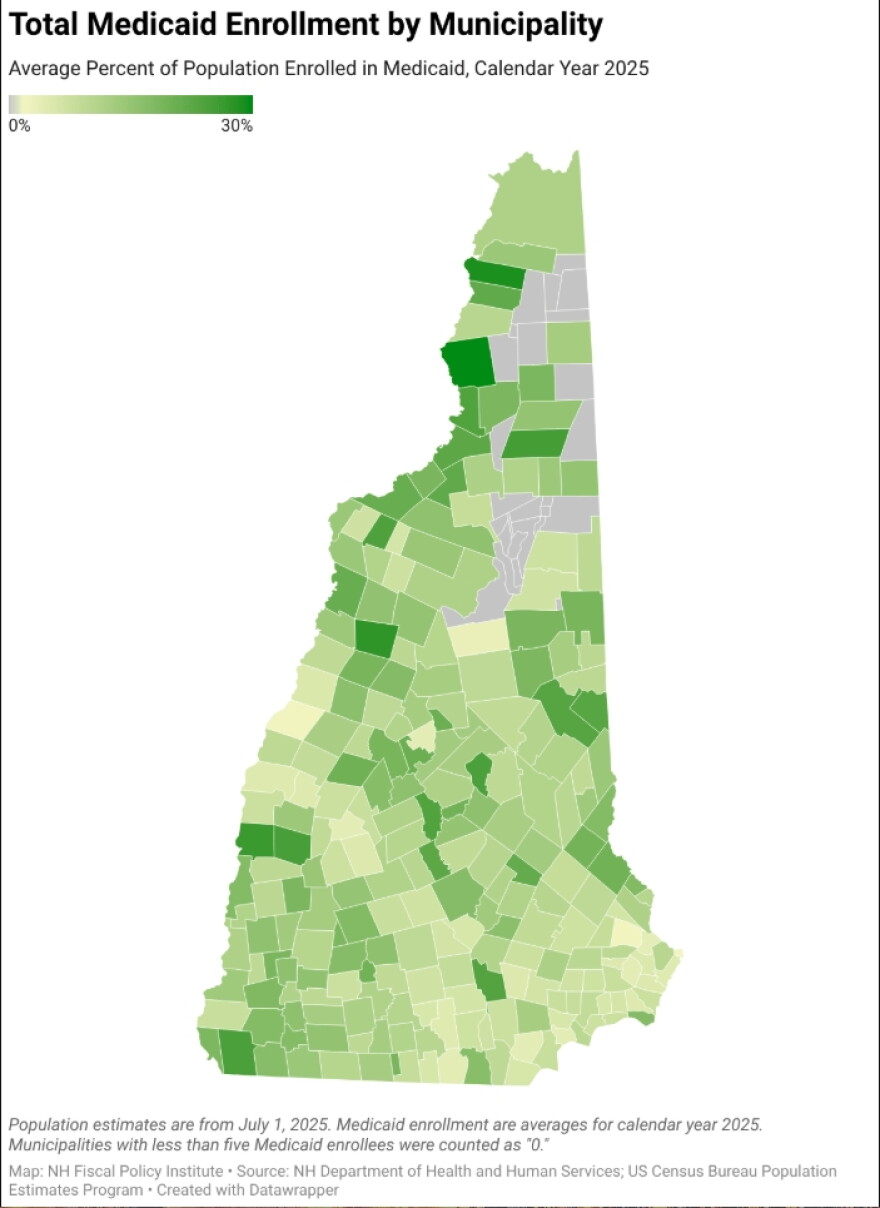 A map of New Hampshire Medicaid enrollment by municipality.