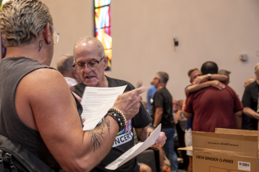 Members of the Gay Men's Chorus of South Florida meet for their first rehearsal of the season at the Sunshine Cathedral, Tuesday, Sept. 15, 2026, in Fort Lauderdale, Fla.