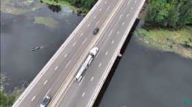 A birds-eye view of the M-14 bridge over the Huron River.