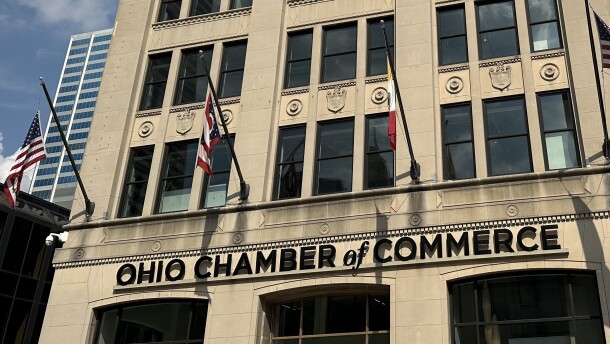 The front facade of the Ohio Chamber of Commerce building in downtown Columbus in August 2024.
