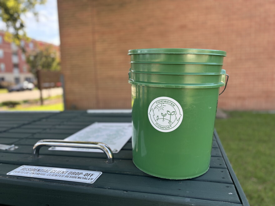 An example of the composting bin given to participating households, as seen at a composting dropoff station at the Berkley Community Center in Norfolk on Sept. 9, 2026.