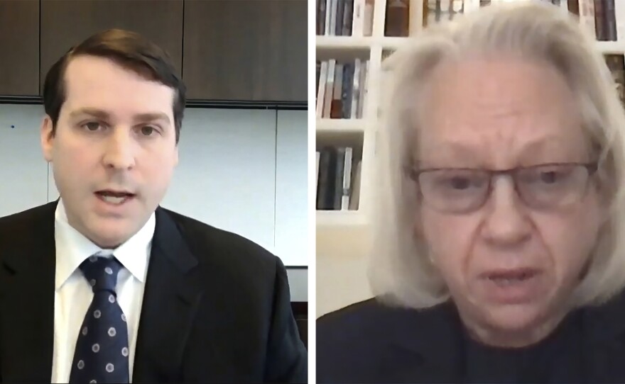 David (L) and Kathe Sackler (R), members of the family that owns Purdue Pharma testifies via video to a House Oversight Committee hearing Thursday, Dec. 17, 2020. Members of the family that owns OxyContin maker Purdue Pharma have acknowledged the drug had a role in the opioid crisis but have stopped short of apologizing or admitting wrongdoing.