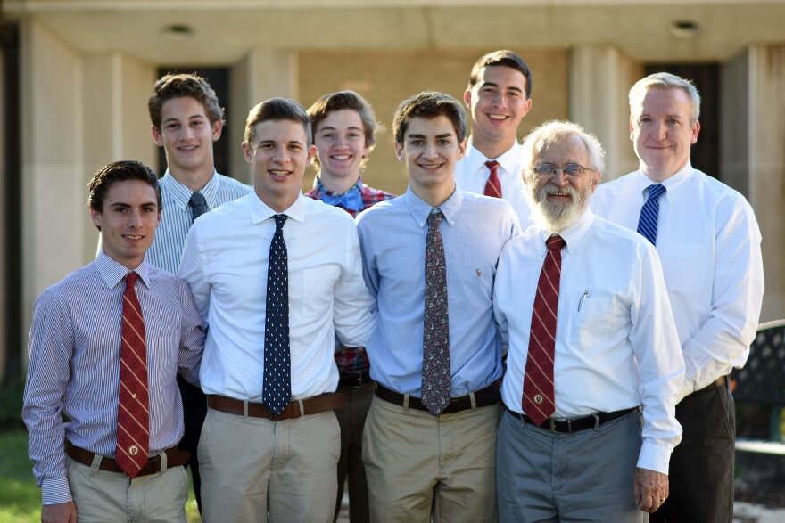 A group of De Smet Jesuit High School teachers and students will go to see Pope Francis in Philadelphia. Front row: Sean Higgins, Michael Dunn, Connor Blair, Ken Luecke; Back row:  Michael Arens, Jack Gerbic, Tim Wilmes, Mike Callahan