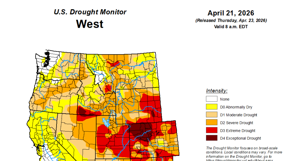 U.S. Drought Monitor — West” shows drought conditions across Western states as of April 21, 2026, with color-coded intensity levels from abnormally dry to exceptional drought. Most of Montana falls between 'abnormally dry' and 'severe drought,' with patches of 'extreme drought' in north-central and southwest Montana.