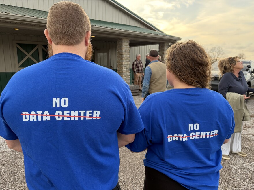 Opponents of a data center in Mercer County wore blue T-shirts to a public meeting in Harrodsburg.