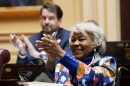 Chairman of the Virginia State Senate Finance Committee, Sen. Louise Lucas, D-Portsmouth, applauds after the Senate passed it's version of the state budget at the Capitol, in Richmond, Va., May. 13, 2024.