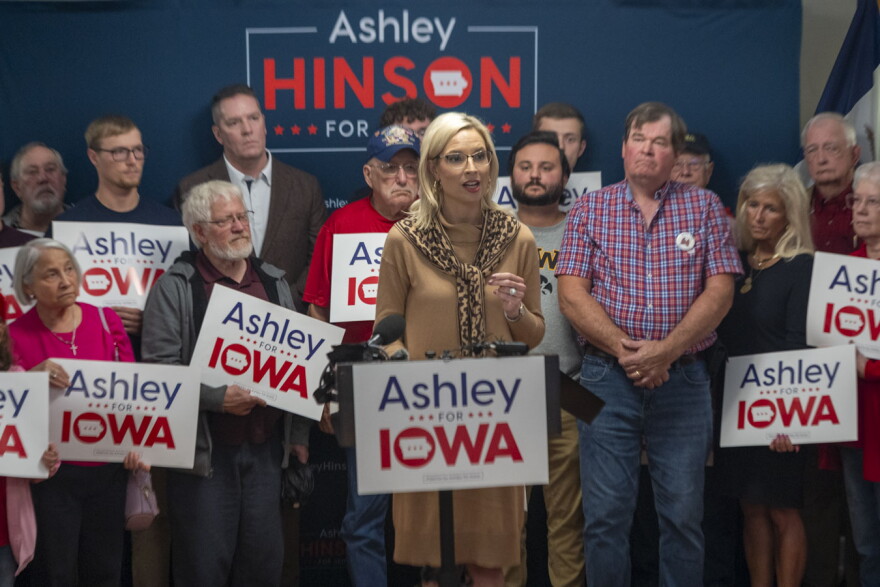 Republican U.S. Senate candidate Ashley Hinson at a press conference in Des Moines on Sept. 25, 2026 where she called for the war in Iran to end immediately.