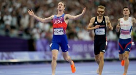 Cole Hocker, of the United States, crosses the finish line ahead of Josh Kerr, of Britain, and fourth placed Jakob Ingebrigtsen, of Norway, to win the men's 1500 meters final at the 2024 Summer Olympics, Tuesday, Aug. 6, 2024, in Saint-Denis, France.
