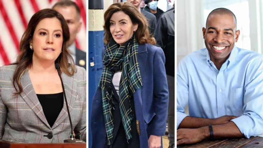 There are three declared candidates for New York governor: Republican Rep. Elise Stefanik (left) and Democrats Gov. Kathy Hochul (center) and Lt. Gov. Antonio Delgado (right).