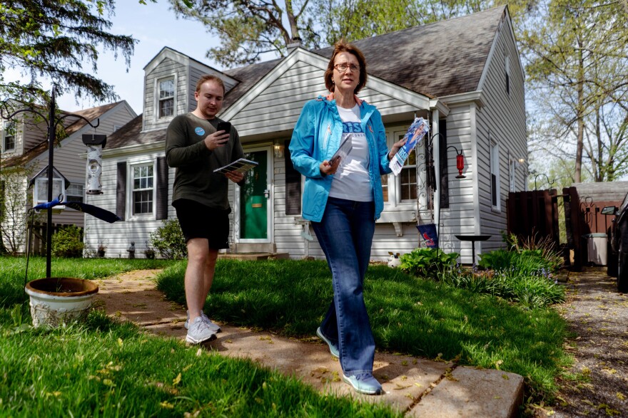 Trish Gunby, Democratic congressional candidate for MO-02, and her communications director, Kyle Gunby, canvas for voter support in Glendale, Mo.