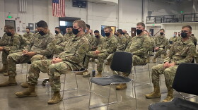  Oregon National Guard soldiers with the 1-186 Infantry Battalion receive an orientation at the Medford Armory Aug. 20 before providing their support to local hospitals.