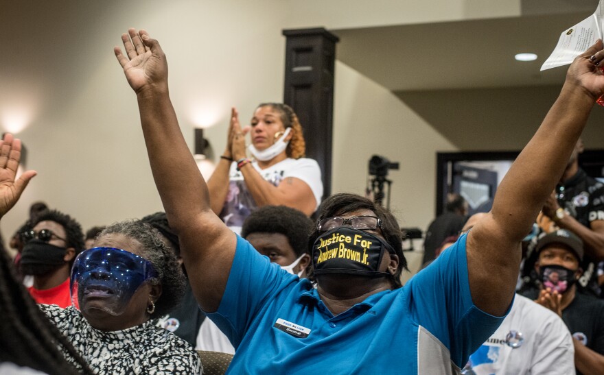 A funeral service was held Monday at Fountain of Life Church in Elizabeth City, NC, for Andrew Brown, Jr. Brown, a 42-year-old Black man, was shot five times, including once in the back of the head, when Pasquotank County deputies tried to serve drug-related search and arrest warrants at his home April 21. (Kate Medley / WUNC)