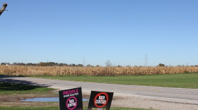 Protect Grove City signs across from the site that Headwaters is seeking to develop into a data center campus of at least six warehouses of servers.
