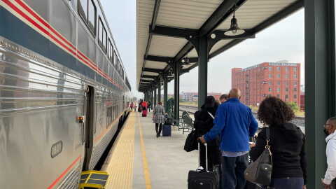 Passengers line up to board the Heartland Flyer at Oklahoma City's Santa Fe Depot. The passenger train is a once-daily round trip line from OKC to Fort Worth, TX.