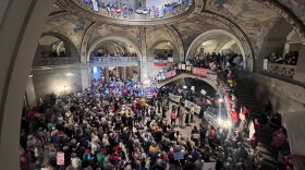 Protesters gather in the Missouri Capitol rotunda in opposition to a proposed congressional district map that passed the House (Annelise Hanshaw/Missouri Independent).