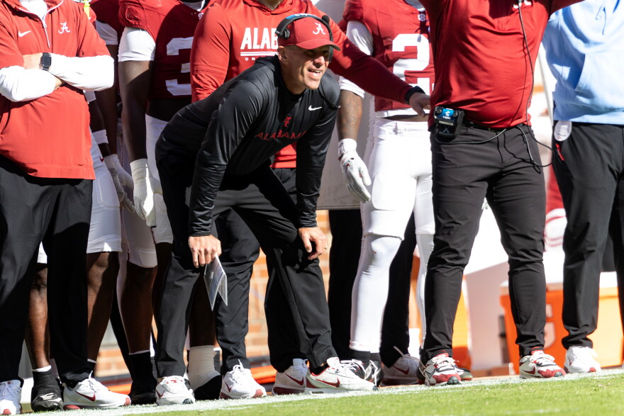 Alabama head coach Kalen DeBoer watches from the sideline during the first half an NCAA college football game against Tennessee, Saturday, Oct. 17, 2026, in Knoxville, Tenn. (AP Photo/Wade Payne)