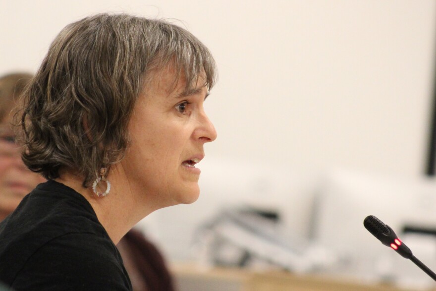 Christy Jordan advocates for elementary school counselors during a school board meeting on Monday, Apr. 7, 2025 in Soldotna, Alaska.