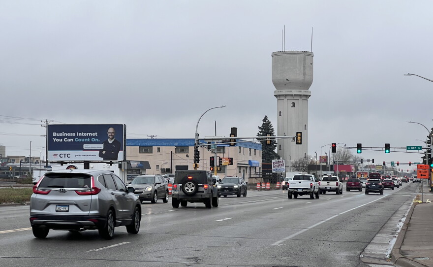 Traffic flows across four lanes of Highway 210/Washington Street on Tuesday, Oct. 27, 2026, in Brainerd. A portion of the main thoroughfare was reconstructed over the summer, including the addition of two roundabouts.