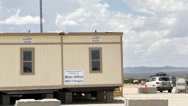A Barnard Construction staging site in Hudspeth County, Texas pictured in June 2026. Barnard is one of three companies awarded millions of dollars in federal contracts for border wall building in the Big Bend region.