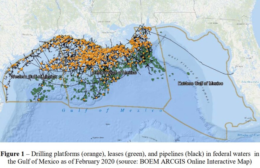 Map of drilling platforms in the Gulf of Mexico