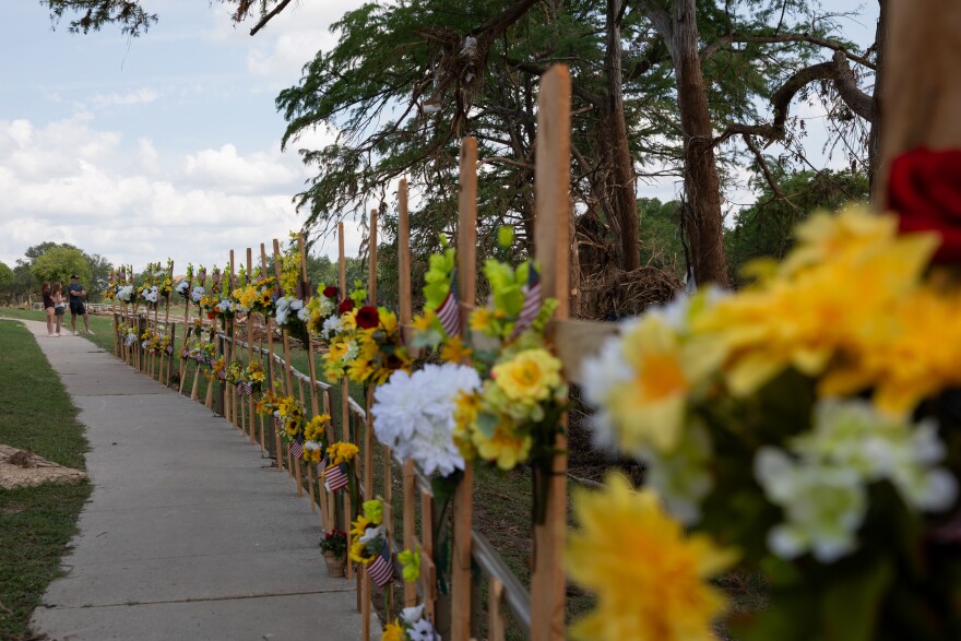A memorial in Guadalupe Park in downtown Kerrville a week after a flood that left more than 130 dead and at least 93 missing.