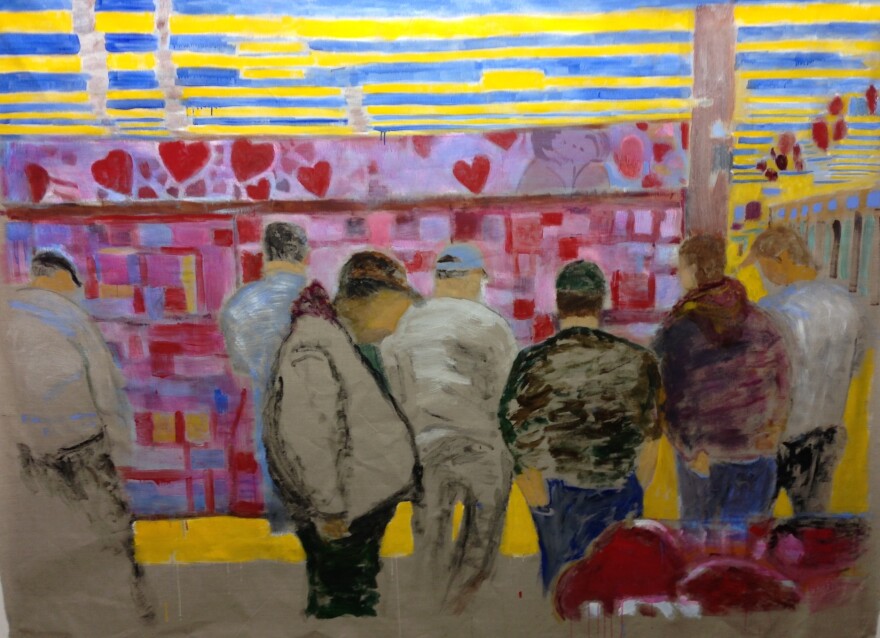 O'Connell also crowdsources the photographs he uses as fodder for his paintings. This piece, which shows men buying candies and Valentine's Day cards for their sweethearts, was based on a submission.