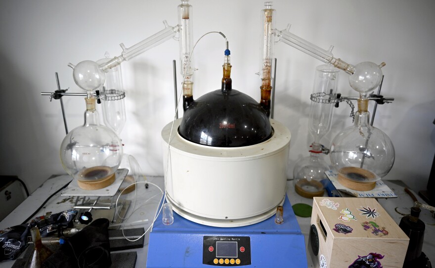 A distiller for hemp oil products in the production room of Wepa! Farms in North Haven, Conn.