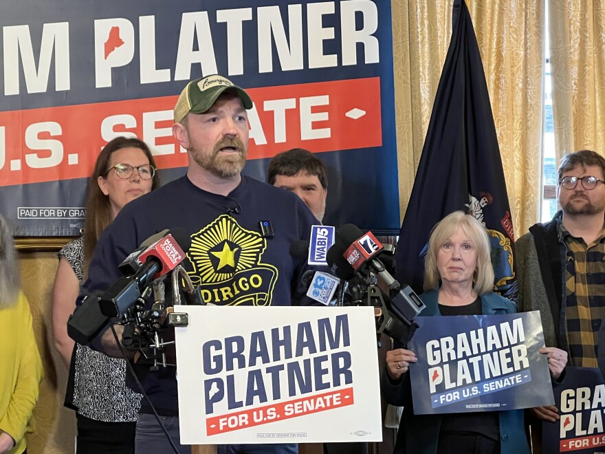 Senate candidate Graham Platner speaks during a press conference in Augusta hours after Gov. Janet Mills announced that she was suspending her bid for the Democratic nomination.
