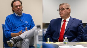 Former GOP governor candidate Darren Bailey (right) and conservative political operative Dan Proft are pictured during an April hearing before the Illinois State Board of Elections. A hearing officer has recommended the board dismiss a complaint that the pair illegally colluded in the 2022 election