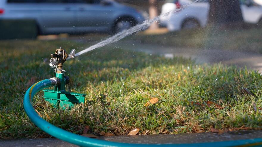 a hose attached to a sprinkler sprays water across a lawn and sidewalk
